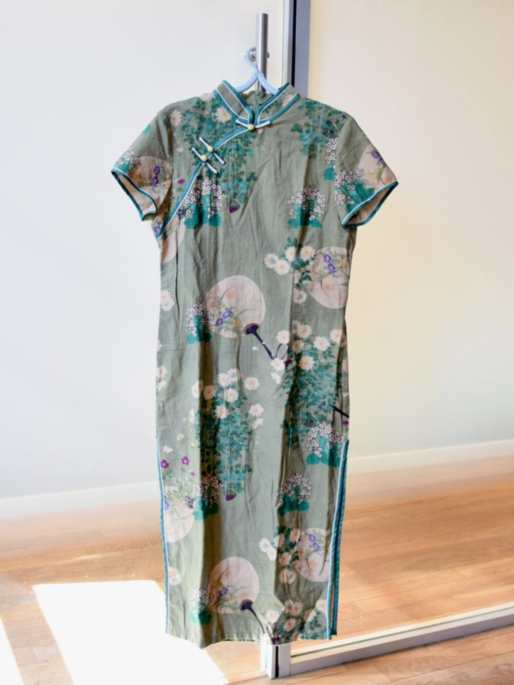 Green Crane Flora Qipao Midi Dress Chinese Traditional Cheongsam